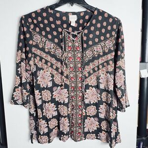 Chico's‎ Women's 3 XL Boho Paisley Floral Lace-Up Tunic Top Black Red Rayon